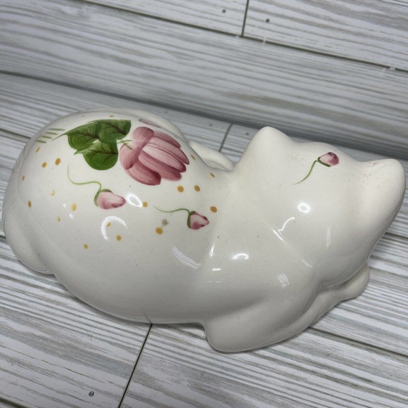 Vintage Hand Painted Pink Green Floral Ceramic Sleeping Cat Kitten - Picture 3 of 8
